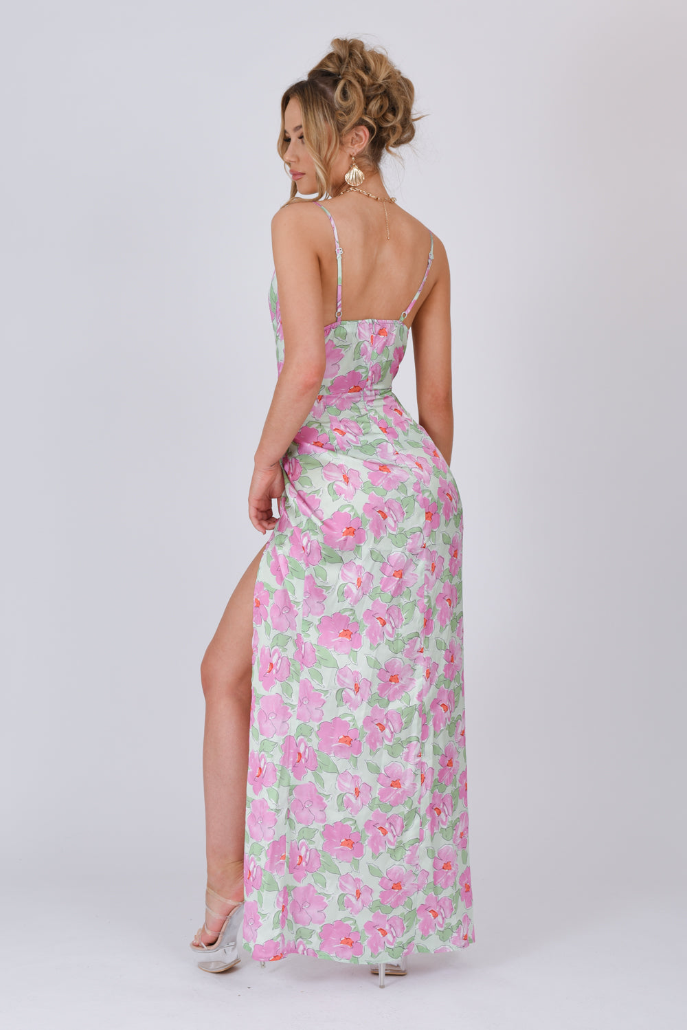 Floral Satin Cowl Neck Maxi Dress Green