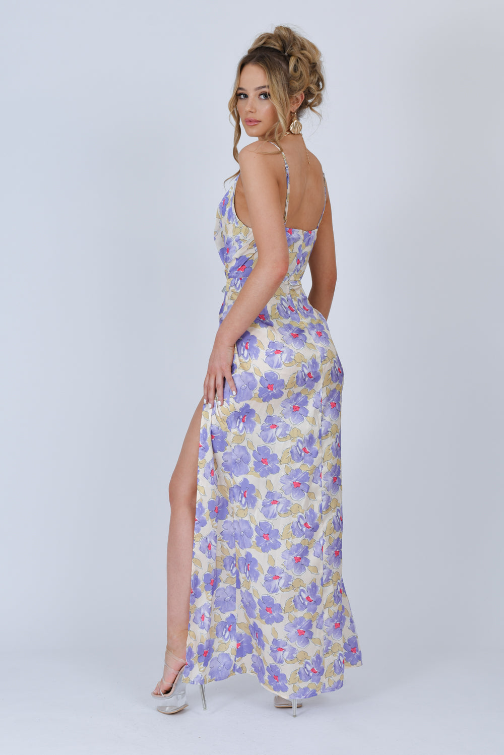 Floral Satin Cowl Neck Maxi Dress Lilac