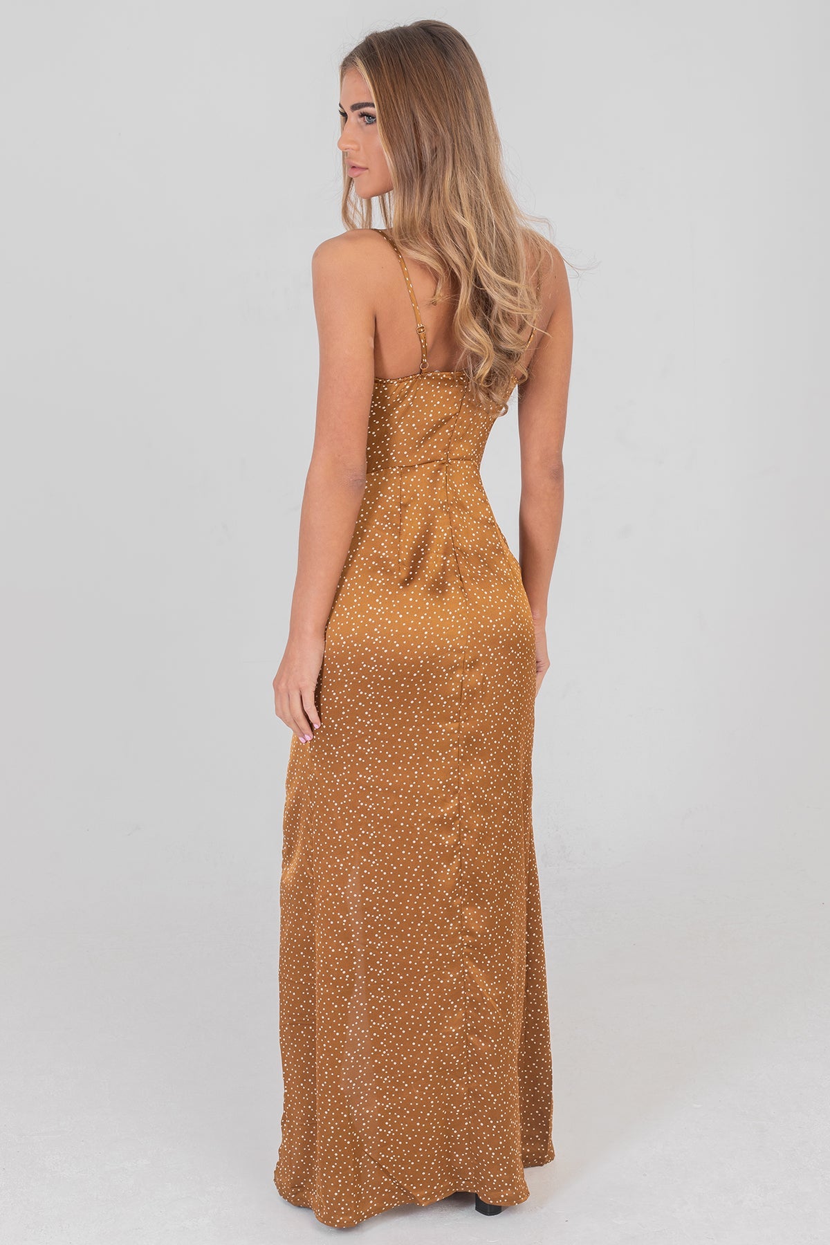 Polka Dot Cowl Neck Maxi Dress Mustard