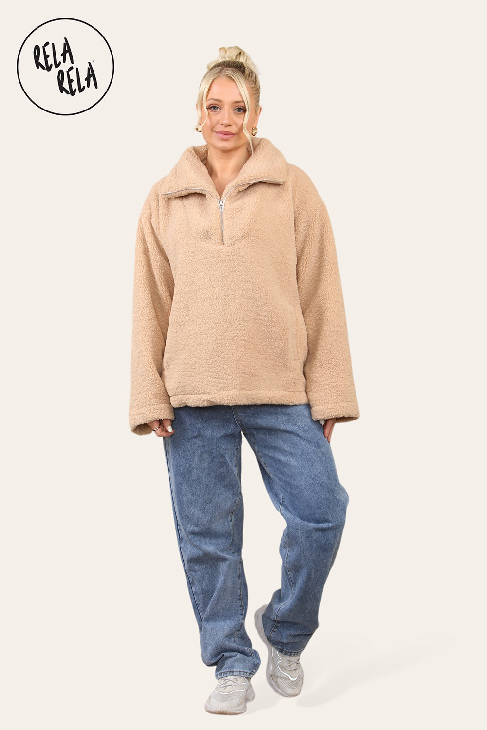 Teddy Fleece Funnel Neck Half Zip Outerwear Winter Jacket in Camel