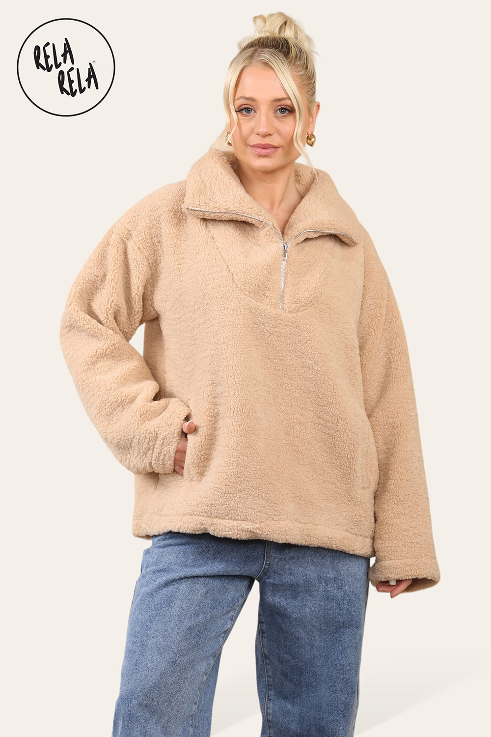Teddy Fleece Funnel Neck Half Zip Outerwear Winter Jacket in Camel front