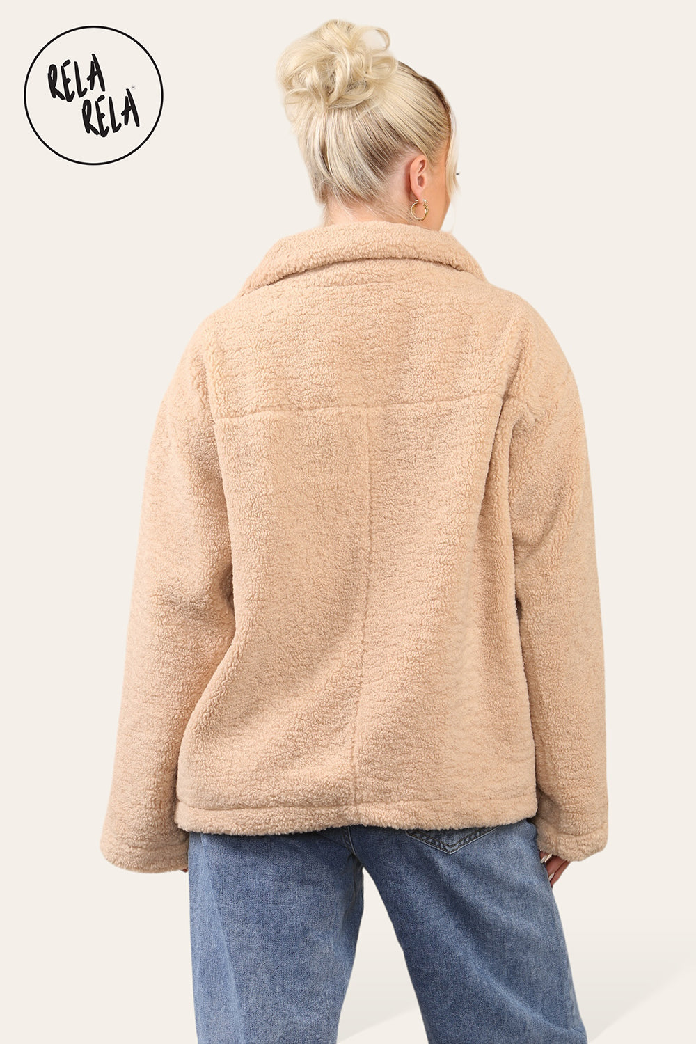 Teddy Fleece Funnel Neck Half Zip Outerwear Winter Jacket in Camel back