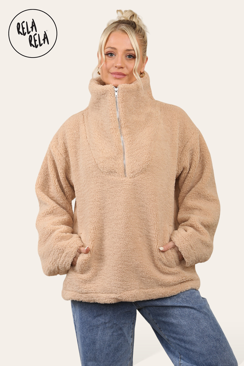 Teddy Fleece Funnel Neck Half Zip Outerwear Winter Jacket in Camel front 2