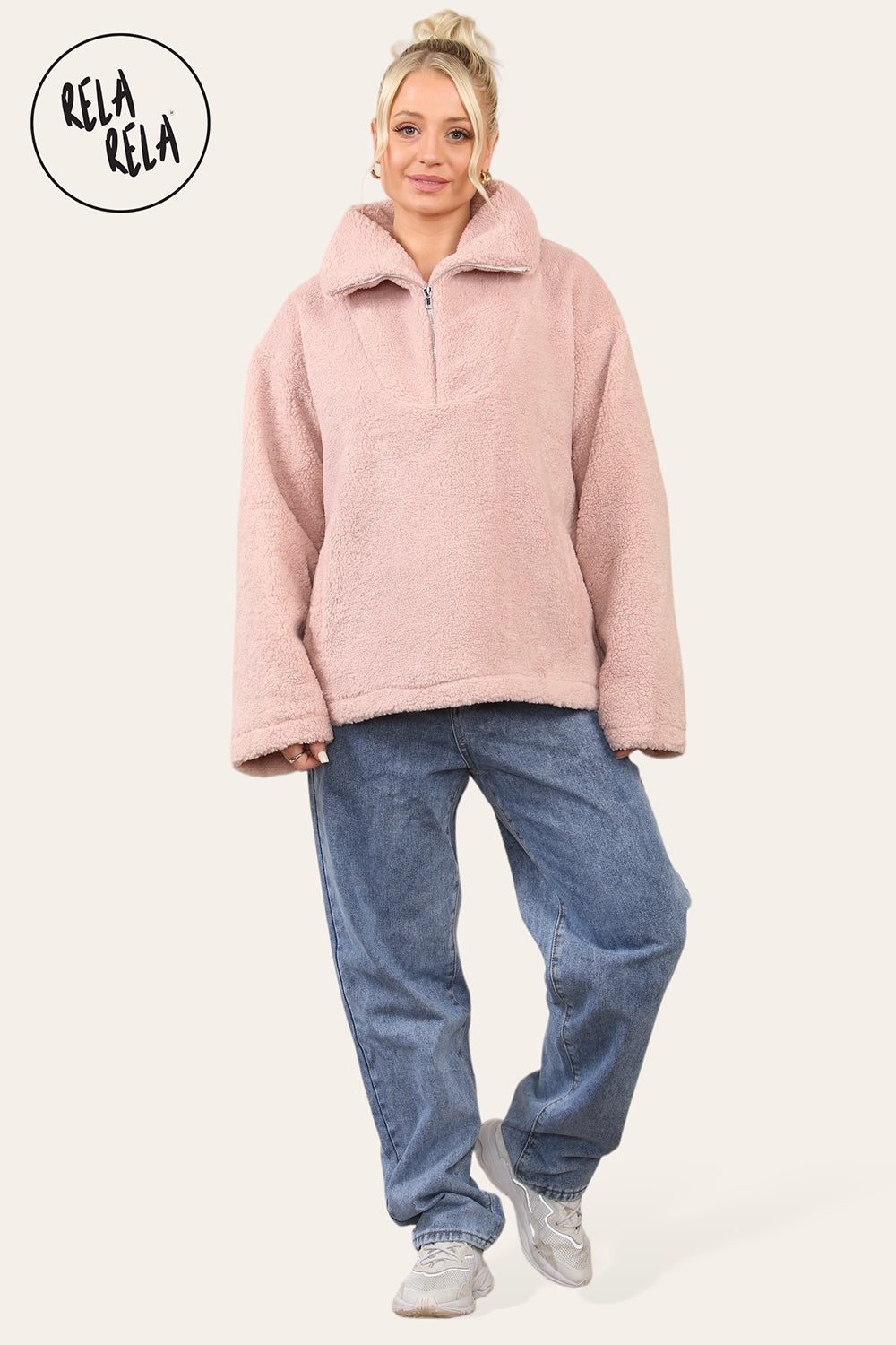 Teddy Fleece Funnel Neck Half Zip Outerwear Winter Jacket in Rose Pink