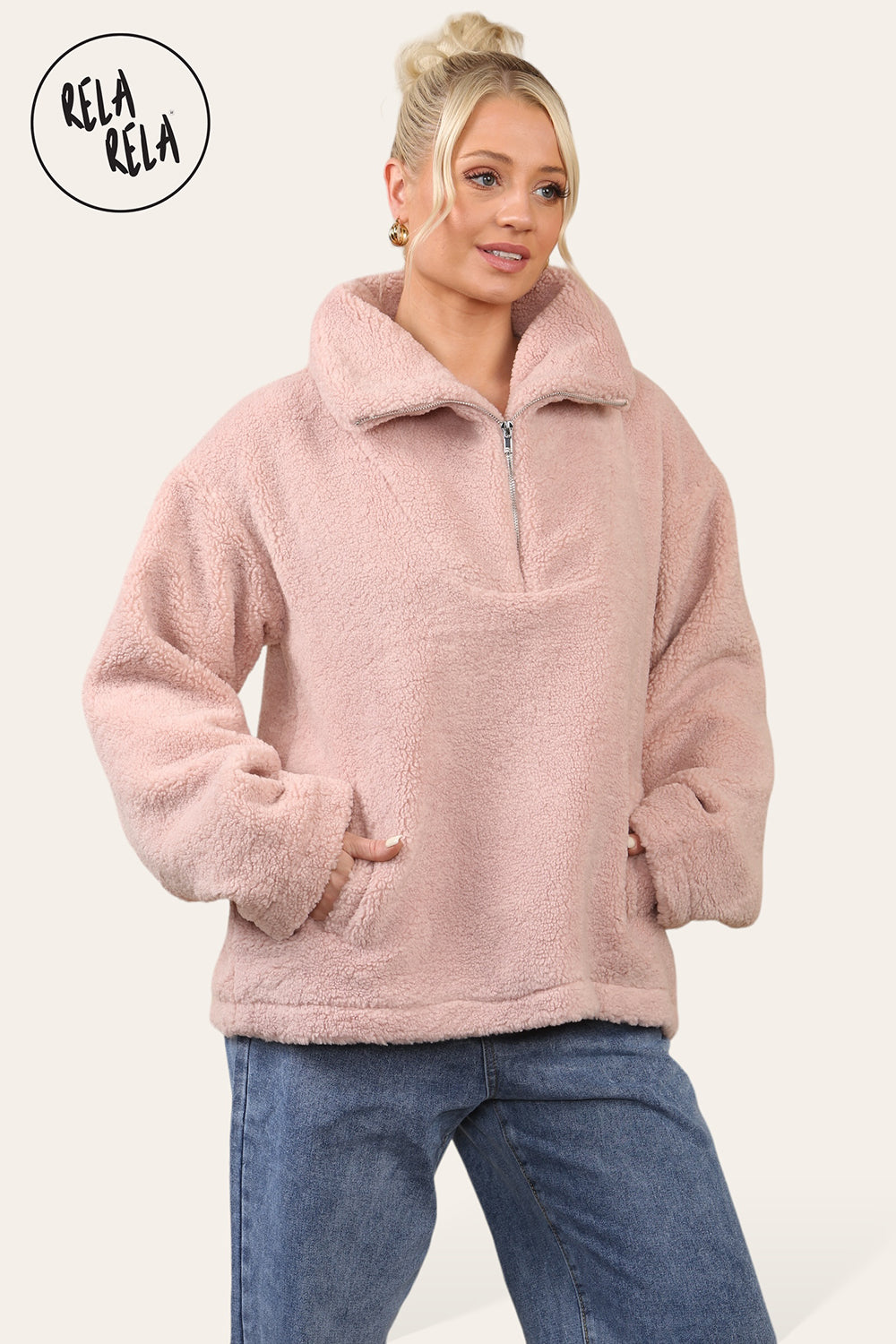 Teddy Fleece Funnel Neck Half Zip Outerwear Winter Jacket in Rose Pink side
