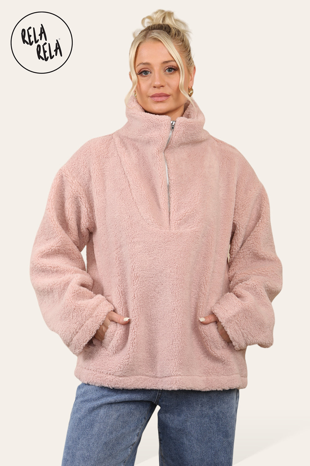 Teddy Fleece Funnel Neck Half Zip Outerwear Winter Jacket in Rose Pink front