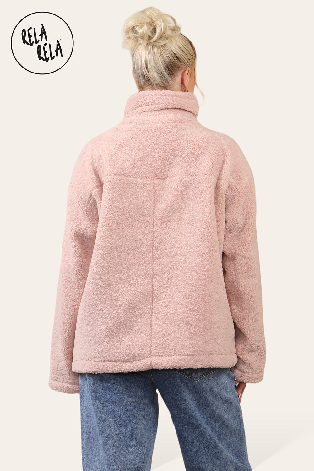 Teddy Fleece Funnel Neck Half Zip Outerwear Winter Jacket in Rose Pink back