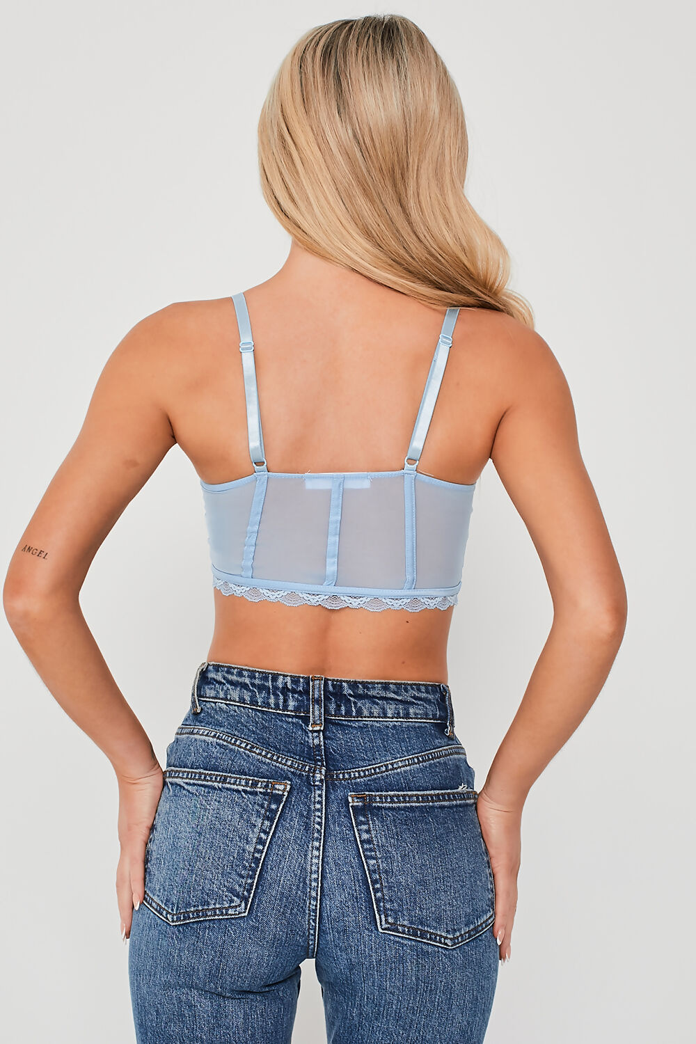 Mesh Cropped Underwired Bralette With Lace Trim Powder Blue