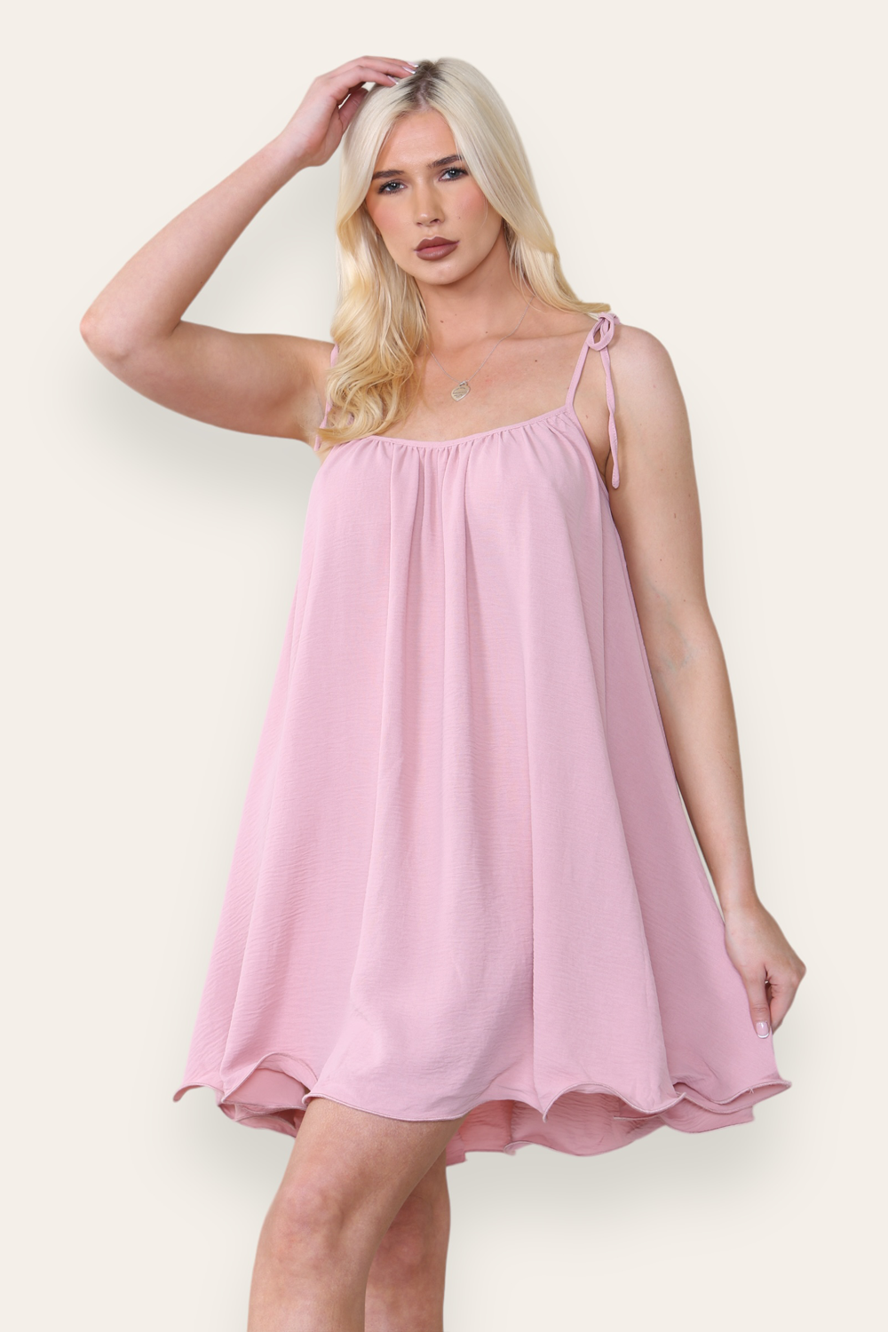 Strappy Wired Hem Swing Mini Dress Women Summer Dress in Rose Pink front