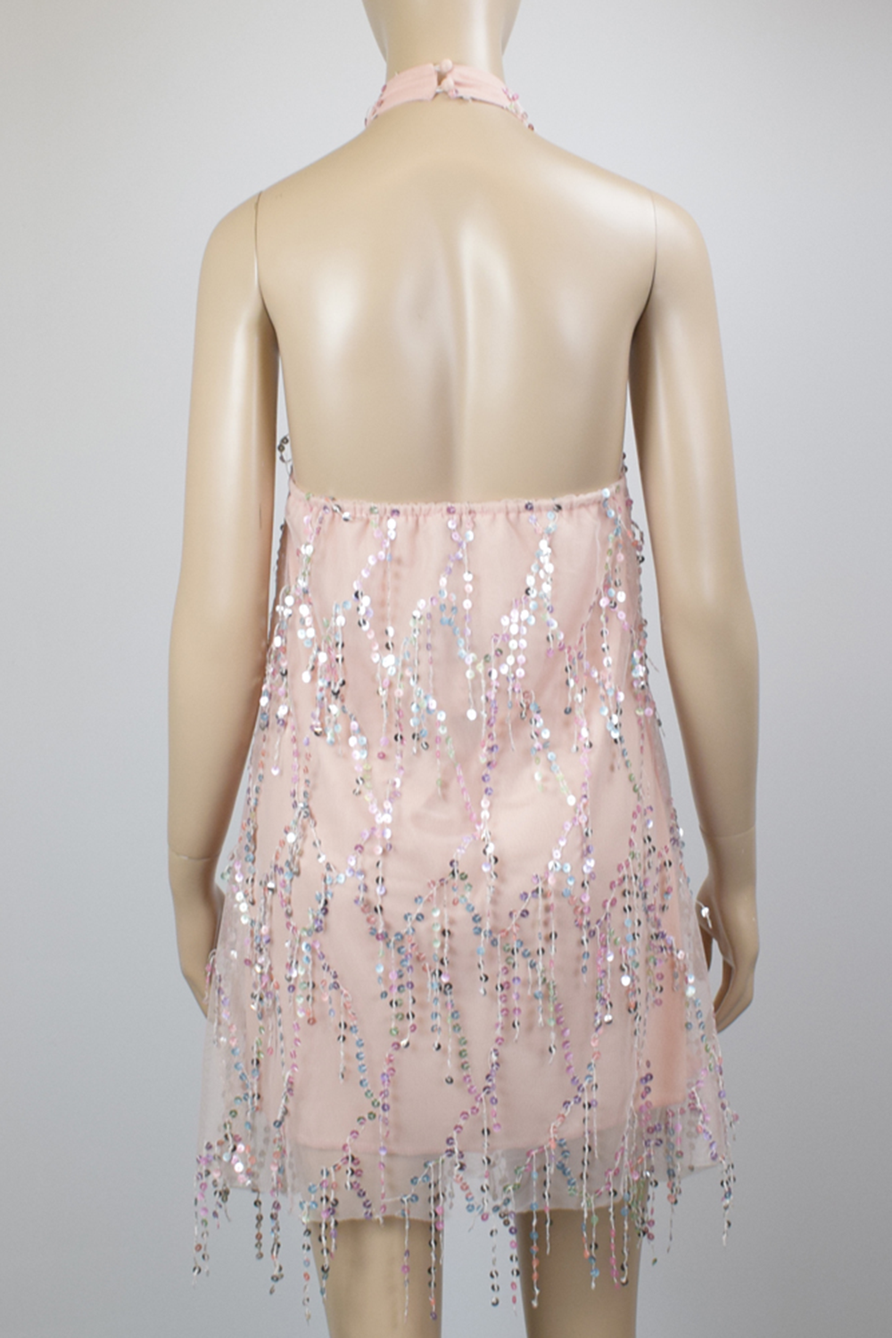 Tassel Sequin Halter Neck Backless Dress Rainbow