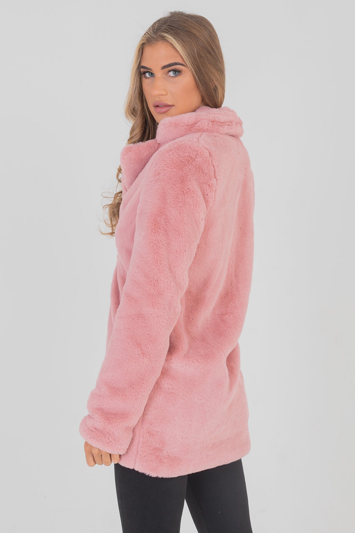 Longline Faux Fur Coat With Collar Pink