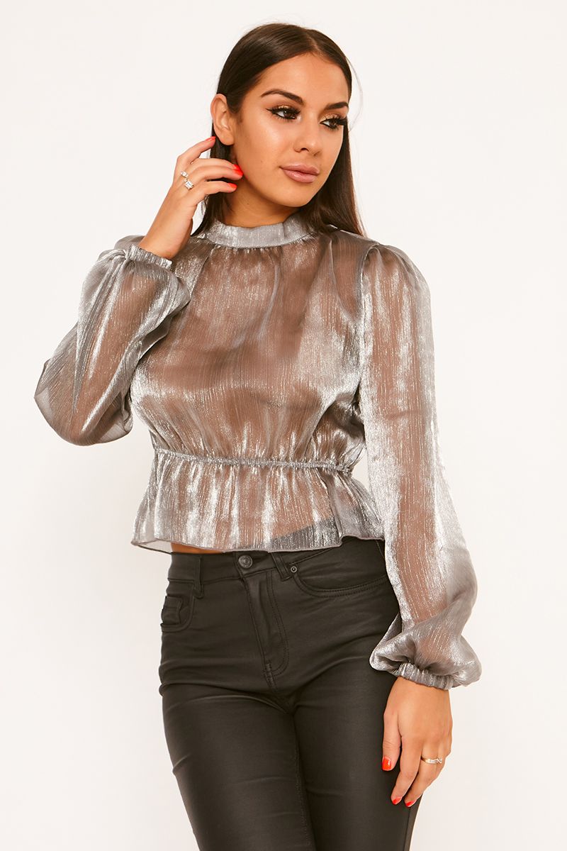 Shimmer Chiffon High Neck Blouse Top Silver