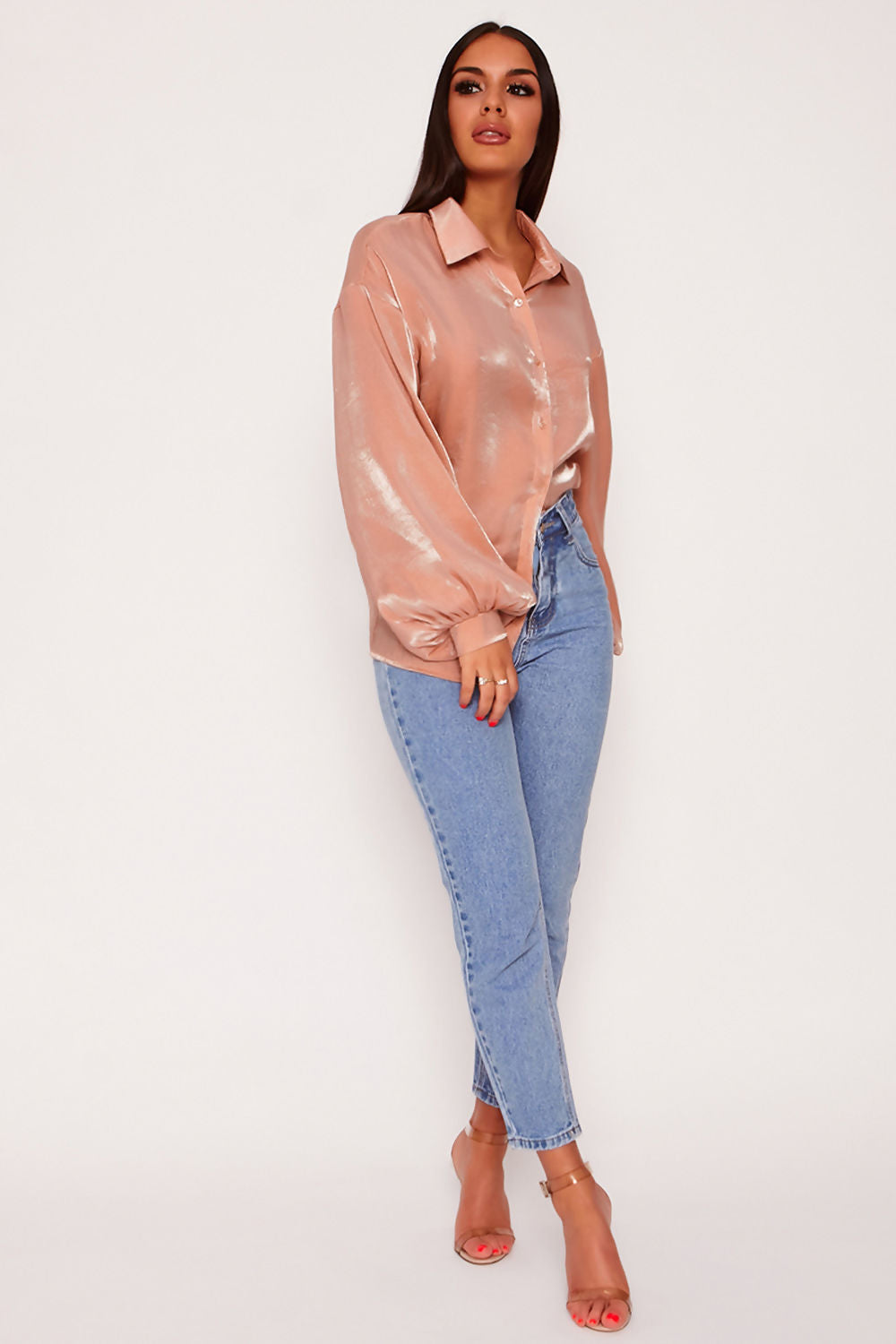 Two Tone Metallic Balloon Sleeve Oversized Top Shirt Nude