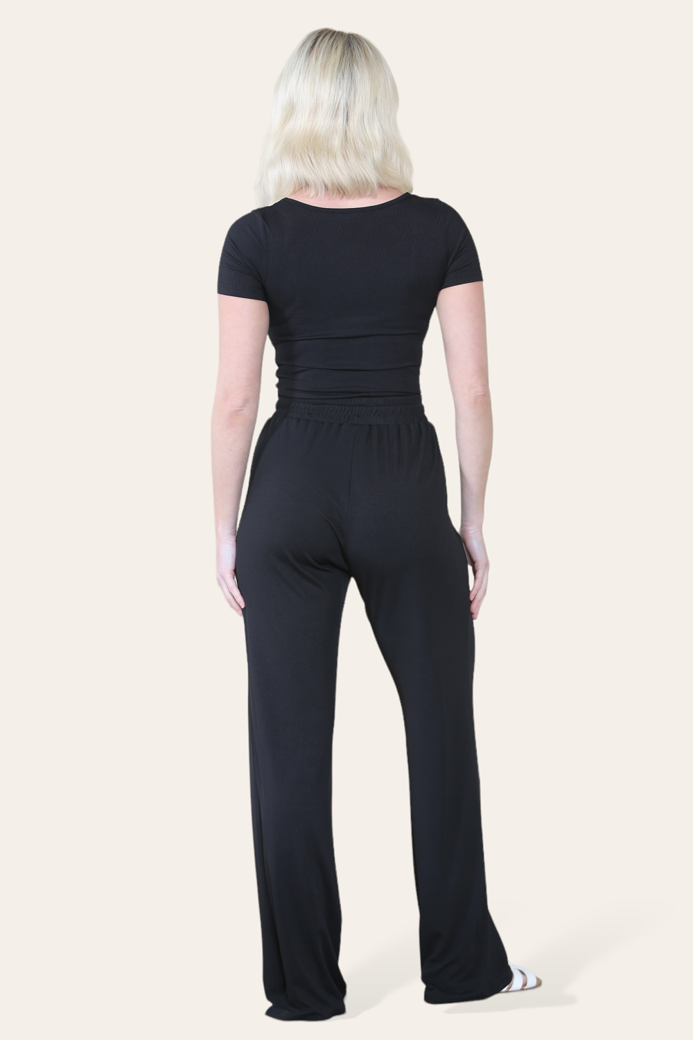 Scoop Neck Bodysuit & Wide Leg Trousers Co-Ord in Black back
