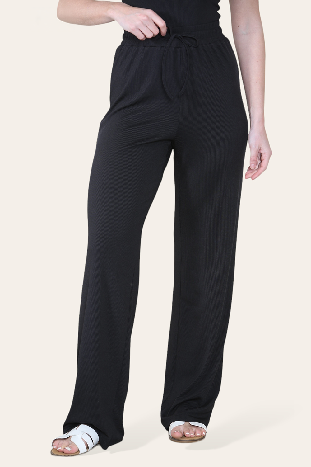 Scoop Neck Bodysuit & Wide Leg Trousers Co-Ord in Black detail