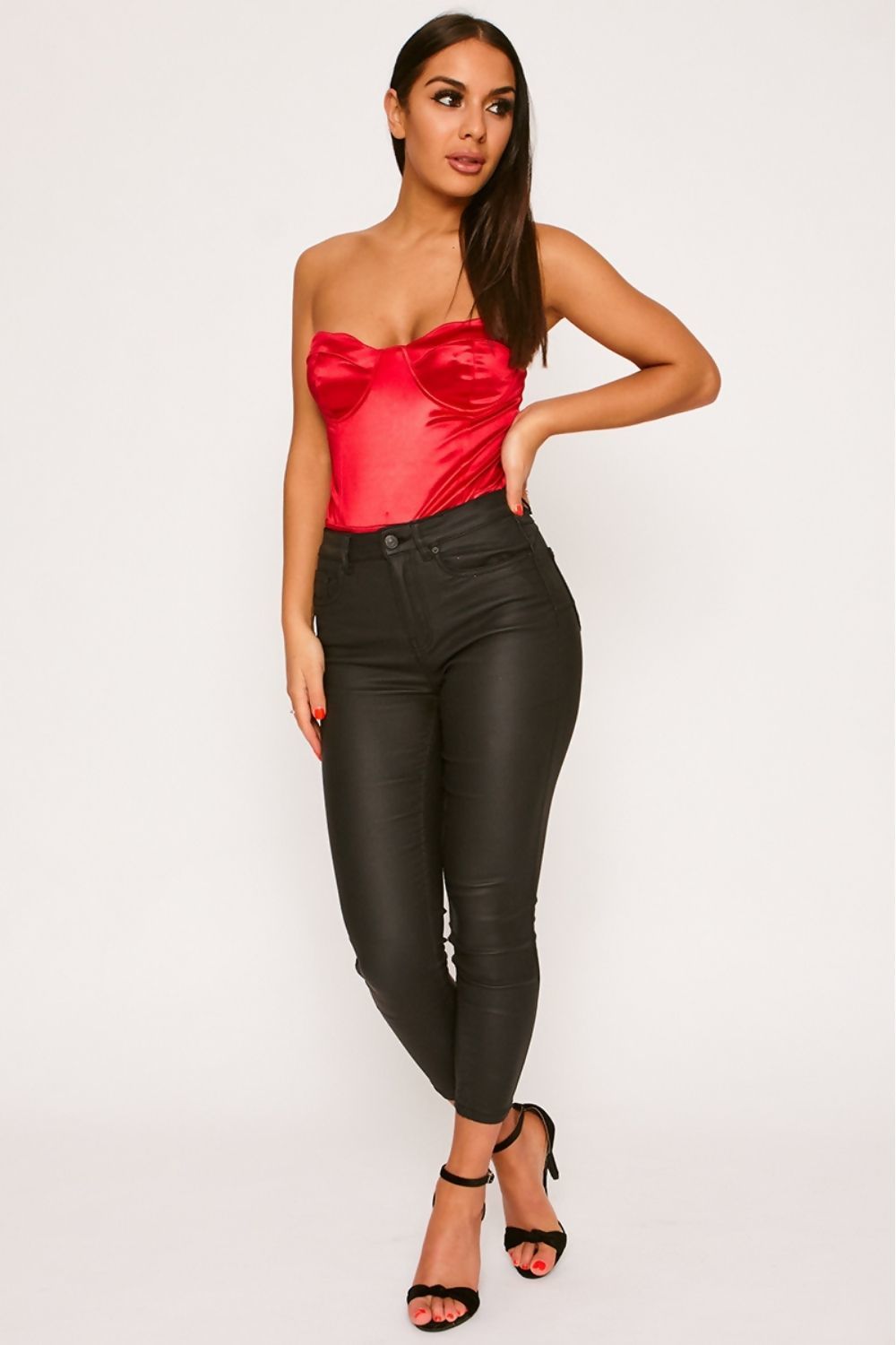 Stretch Satin Scalloped Cup Underwired Bodysuit Red
