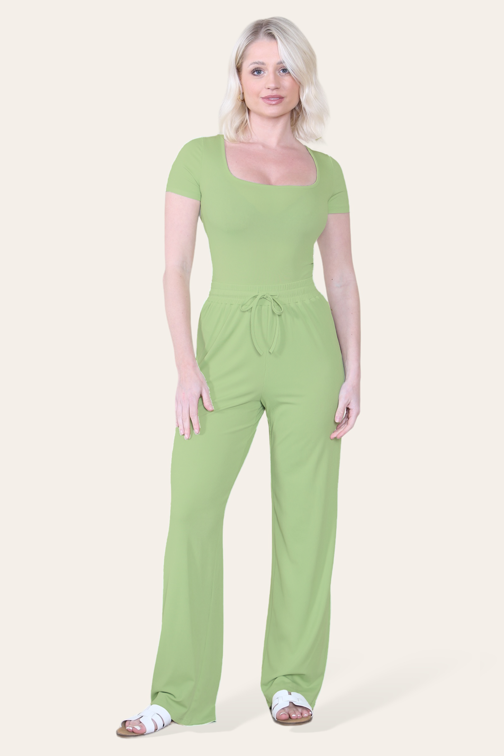 Scoop Neck Bodysuit & Wide Leg Trousers Co-Ord in Green
