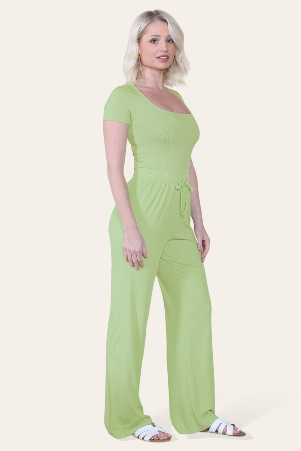 Scoop Neck Bodysuit & Wide Leg Trousers Co-Ord in Green