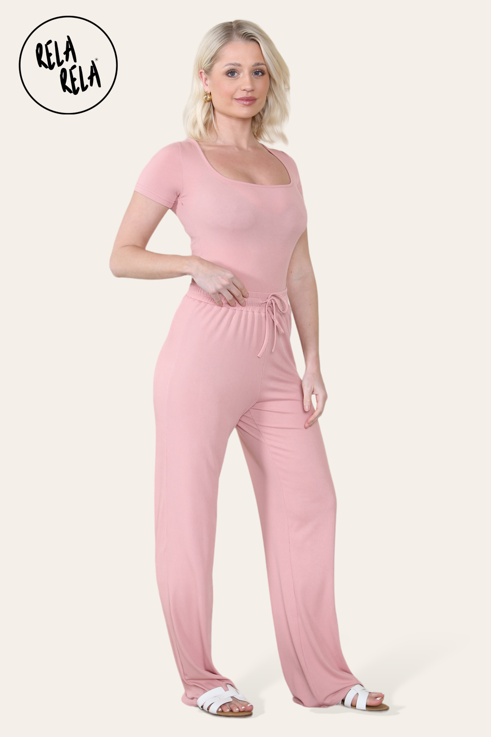 Scoop Neck Bodysuit & Wide Leg Trousers Co-Ord in Rose Pink side
