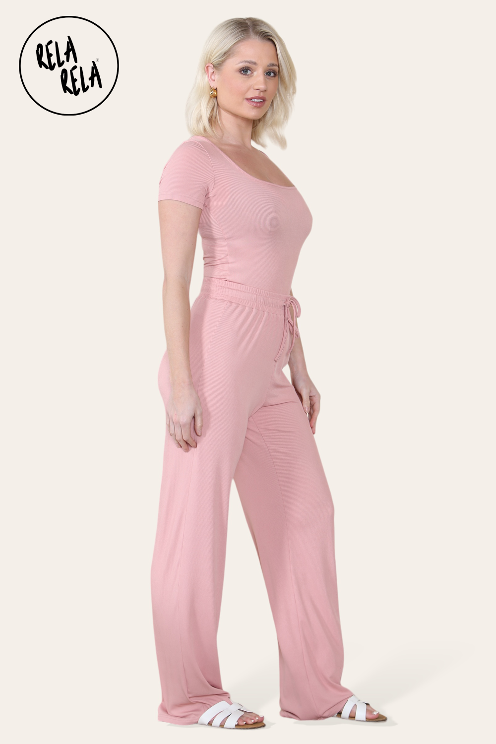Scoop Neck Bodysuit & Wide Leg Trousers Co-Ord in Rose Pink side