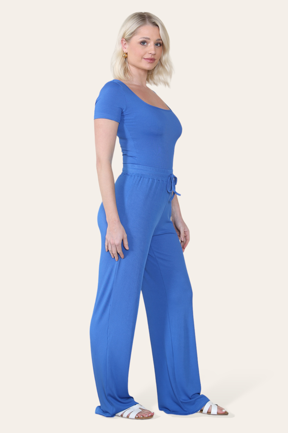Scoop Neck Bodysuit & Wide Leg Trousers Co-Ord in Royal Blue side