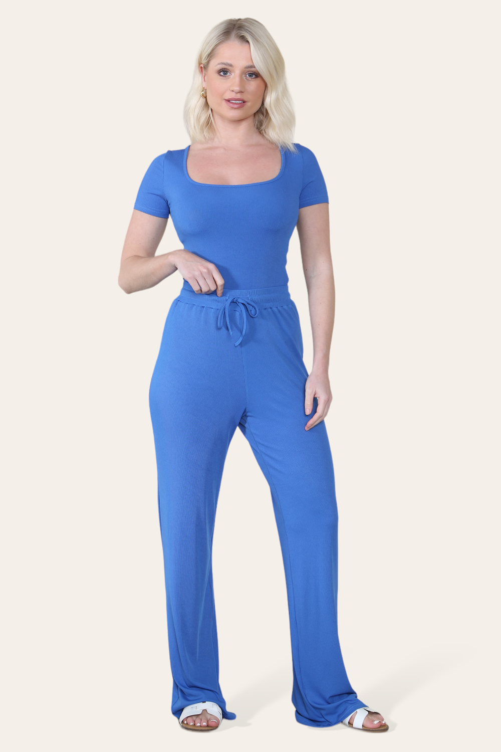 Scoop Neck Bodysuit & Wide Leg Trousers Co-Ord in Royal Blue front
