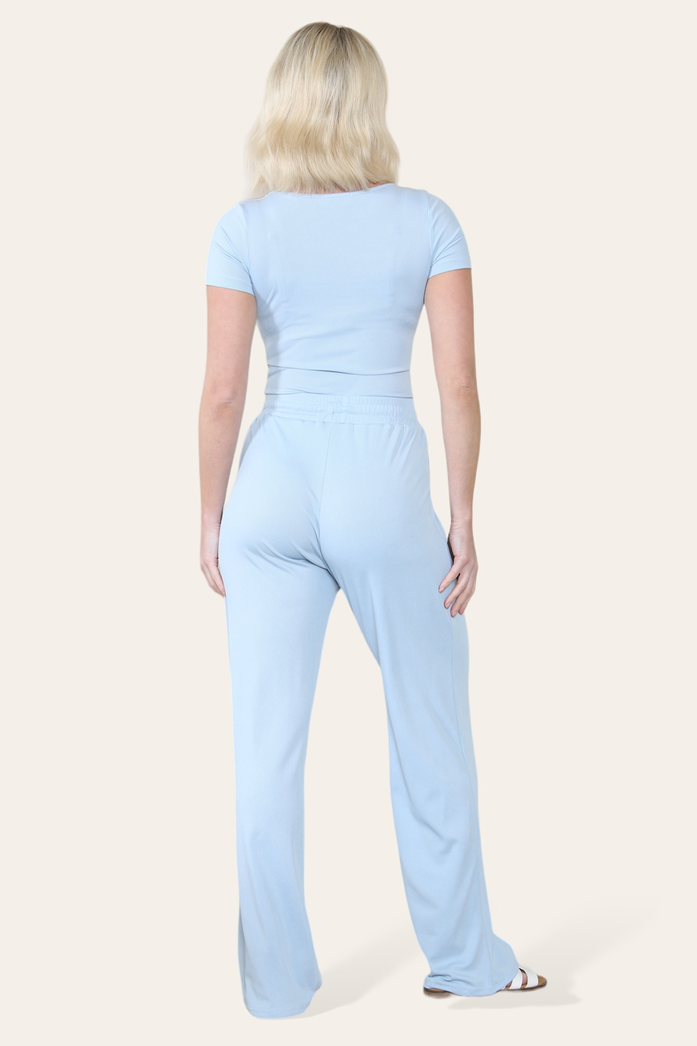 Scoop Neck Bodysuit & Wide Leg Trousers Co-Ord in Baby Blue back
