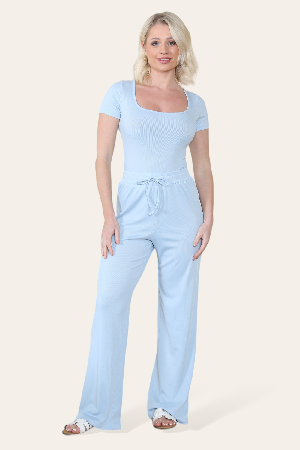 Scoop Neck Bodysuit & Wide Leg Trousers Co-Ord in Baby Blue front