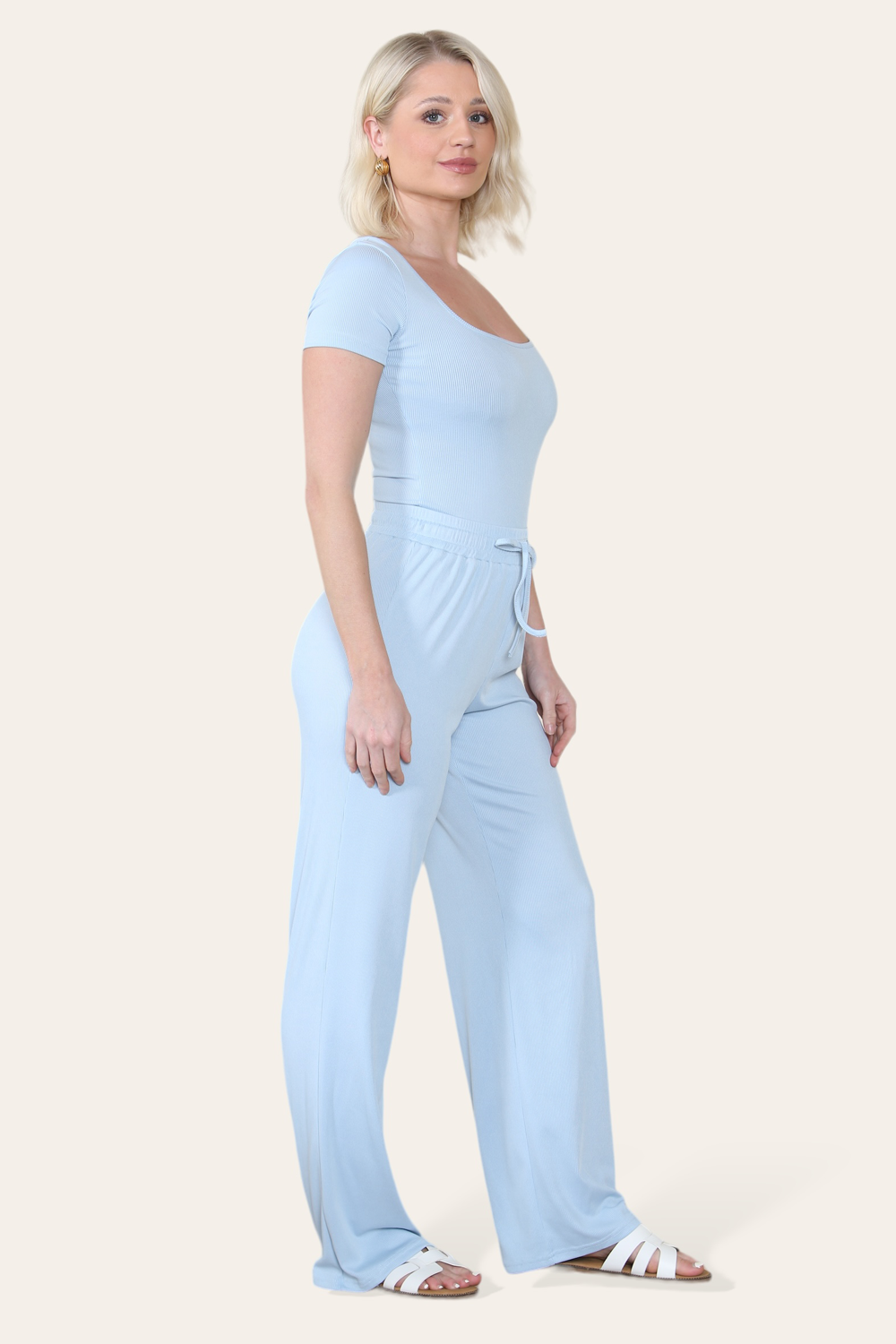 Scoop Neck Bodysuit & Wide Leg Trousers Co-Ord in Baby Blue side