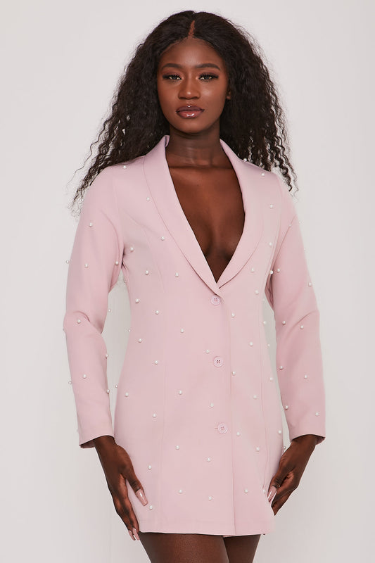 Pearl Embellished Tuxedo Collar Blazer Top Dress Blush Pink