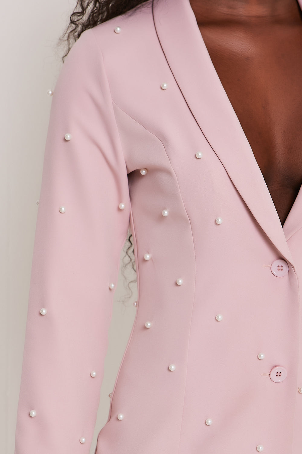 Pearl Embellished Tuxedo Collar Blazer Top Dress Blush Pink