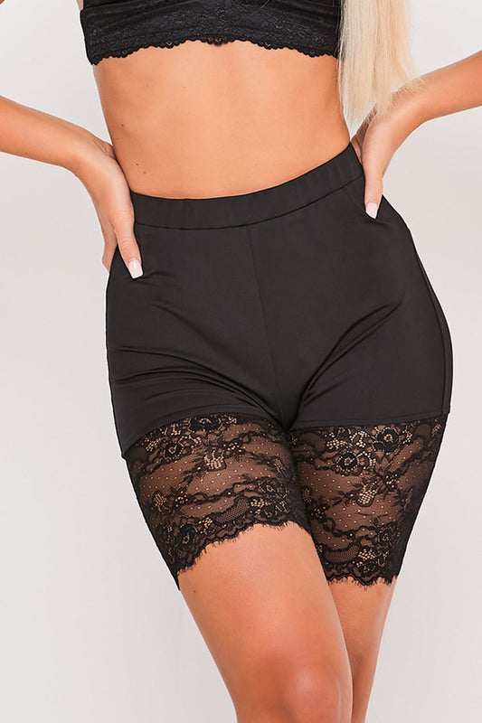 High Waist Stretch Eyelash Lace Hem Cycling Shorts Black