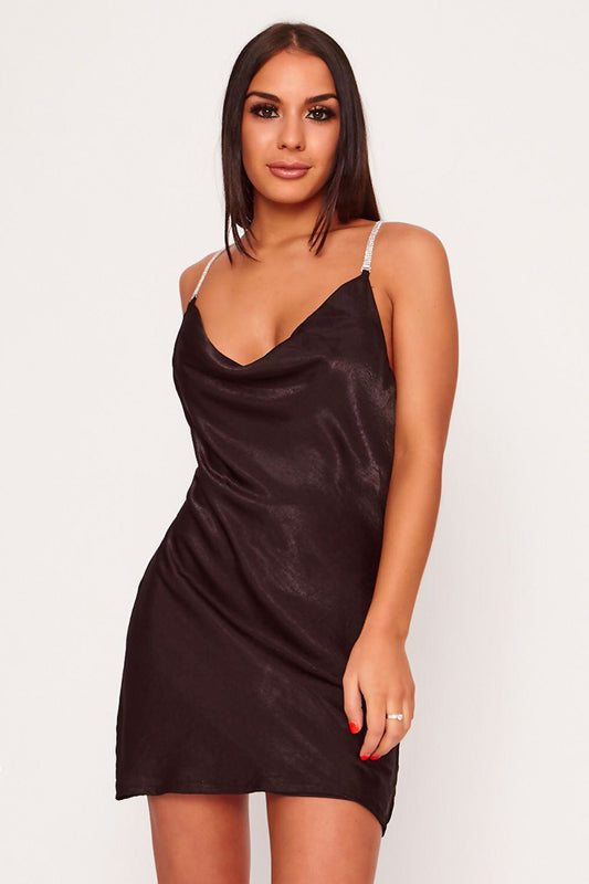 Cowl Neck Drape Satin Diamante Strap Dress Black