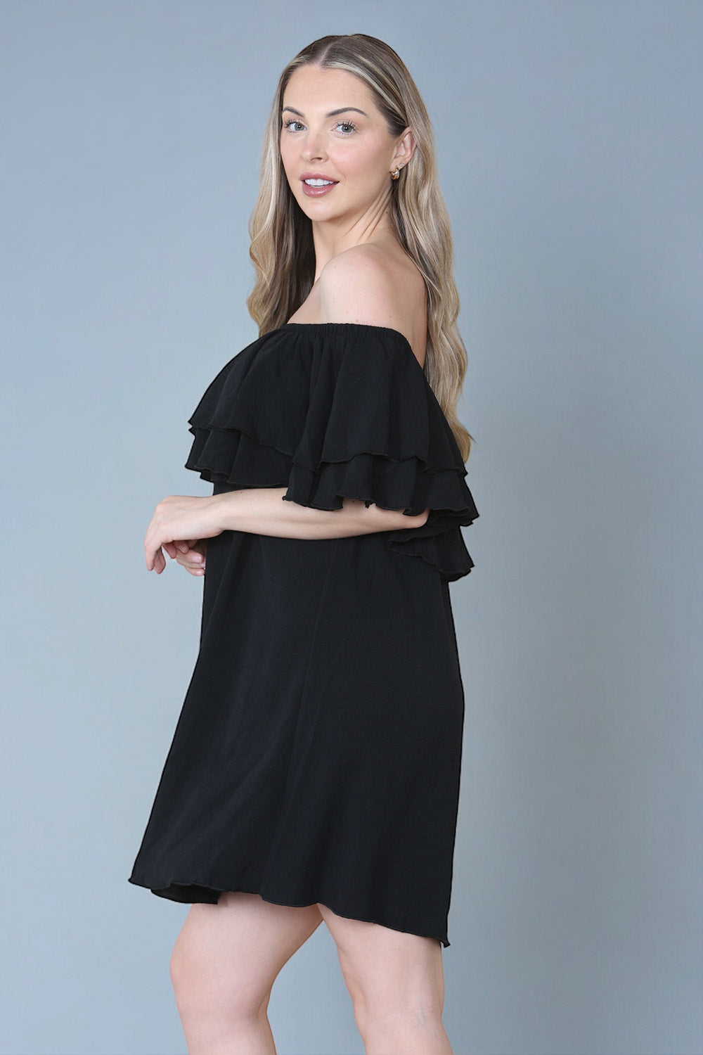 Double Frill Off Shoulder Bardot Swing Holiday Dress in Black side