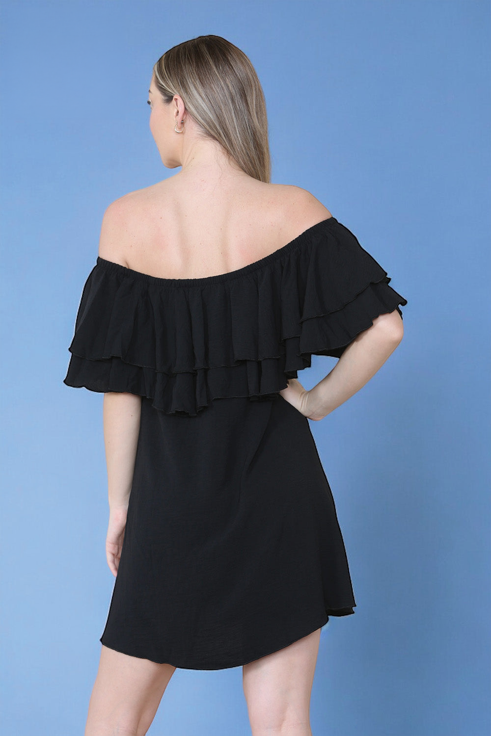 Double Frill Off Shoulder Bardot Swing Holiday Dress in Black back