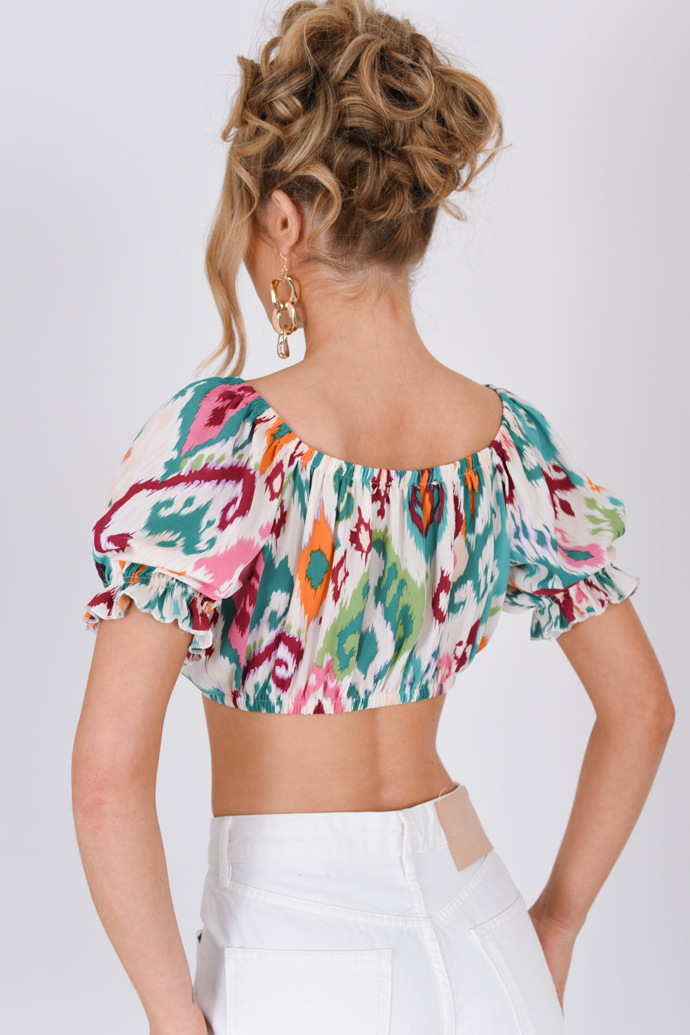 Green Print Puff Sleeve Tie Front Crop Top