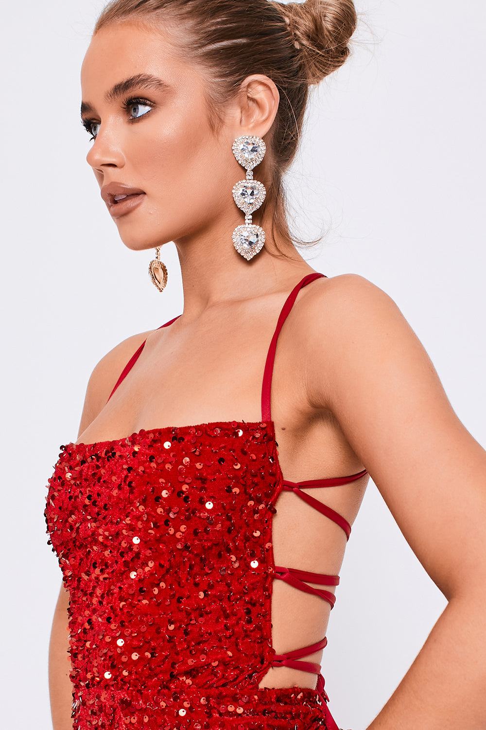 Square Neckline Lace Back Mini Sequin Dress Red