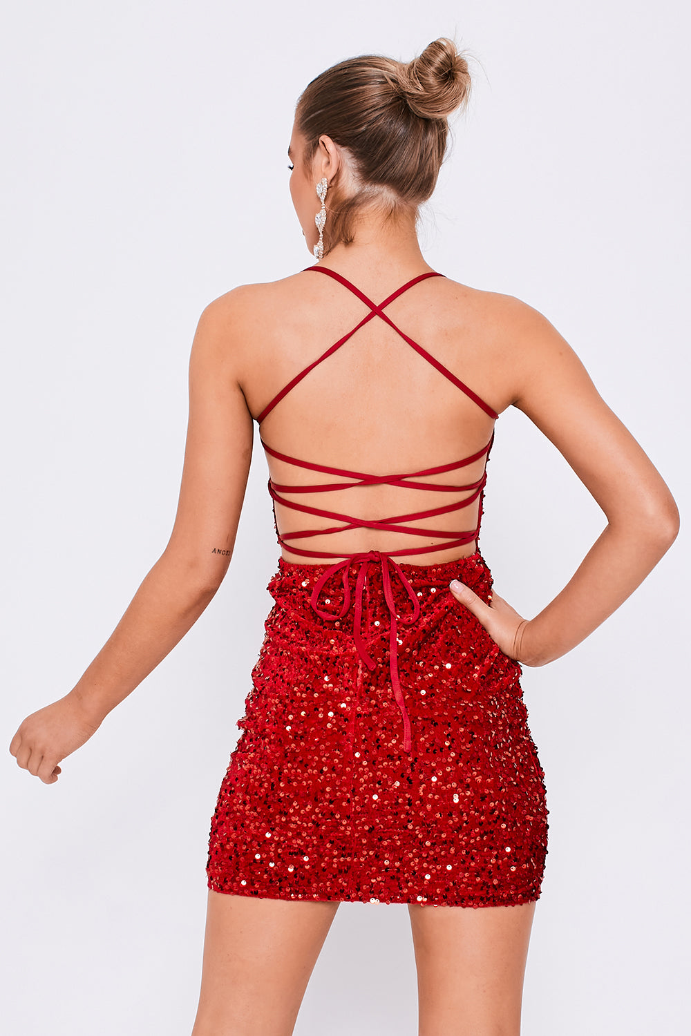 Square Neckline Lace Back Mini Sequin Dress Red