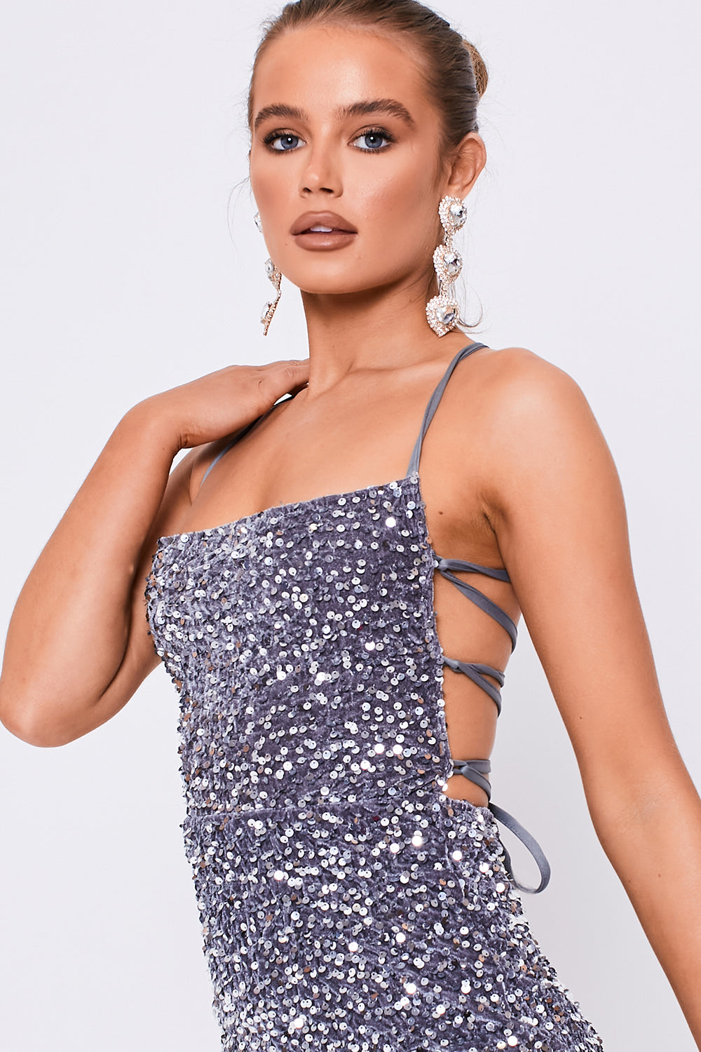 Square Neckline Lace Back Mini Sequin Dress Silver