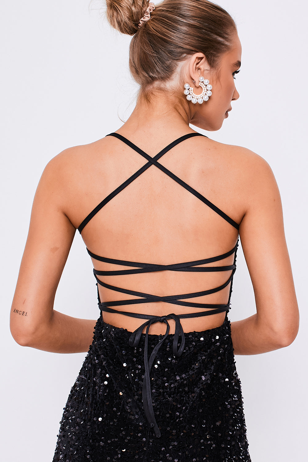 Square Neckline Lace Back Sequin Midi Dress Black
