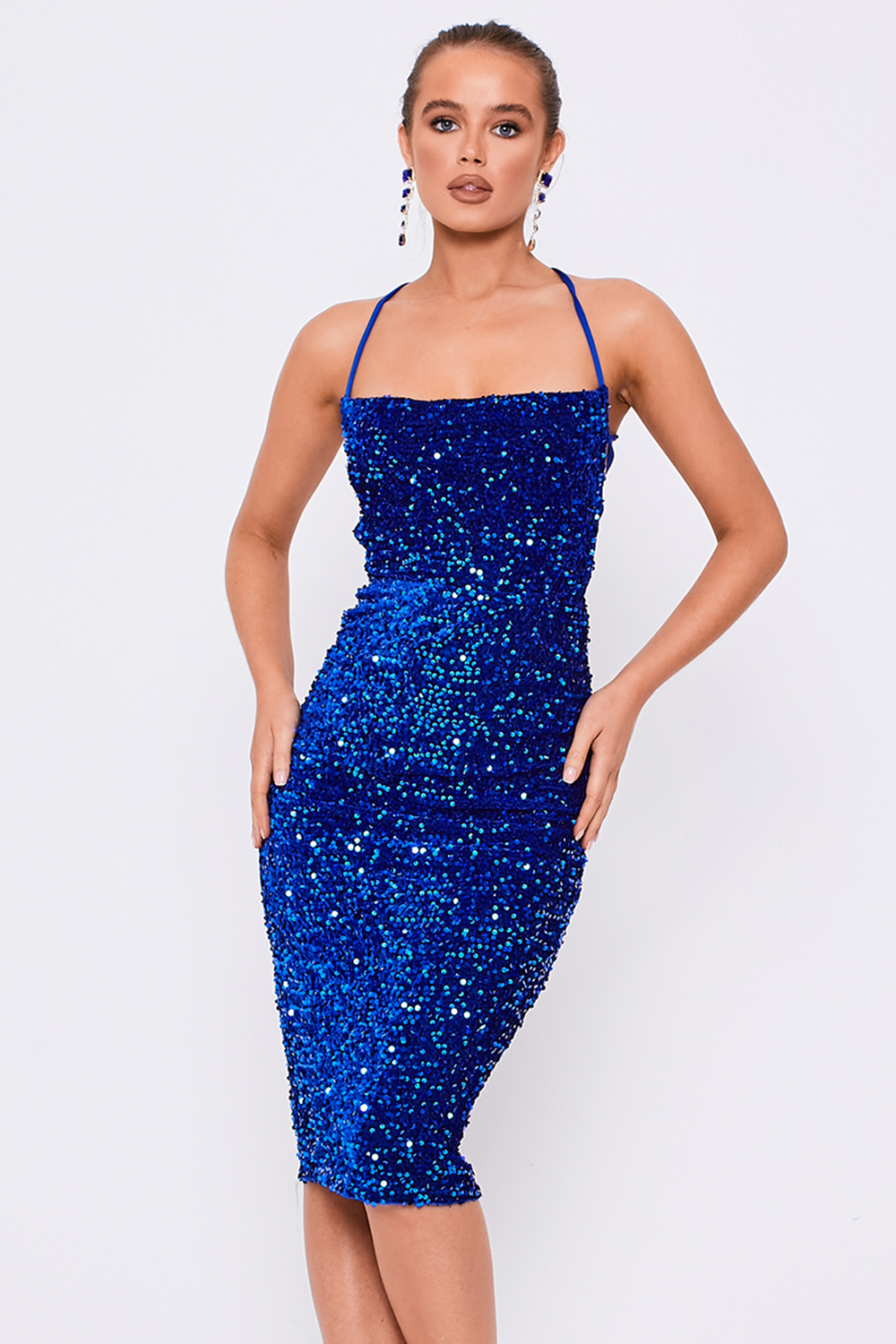 Square Neckline Lace Back Sequin Midi Dress Cobalt