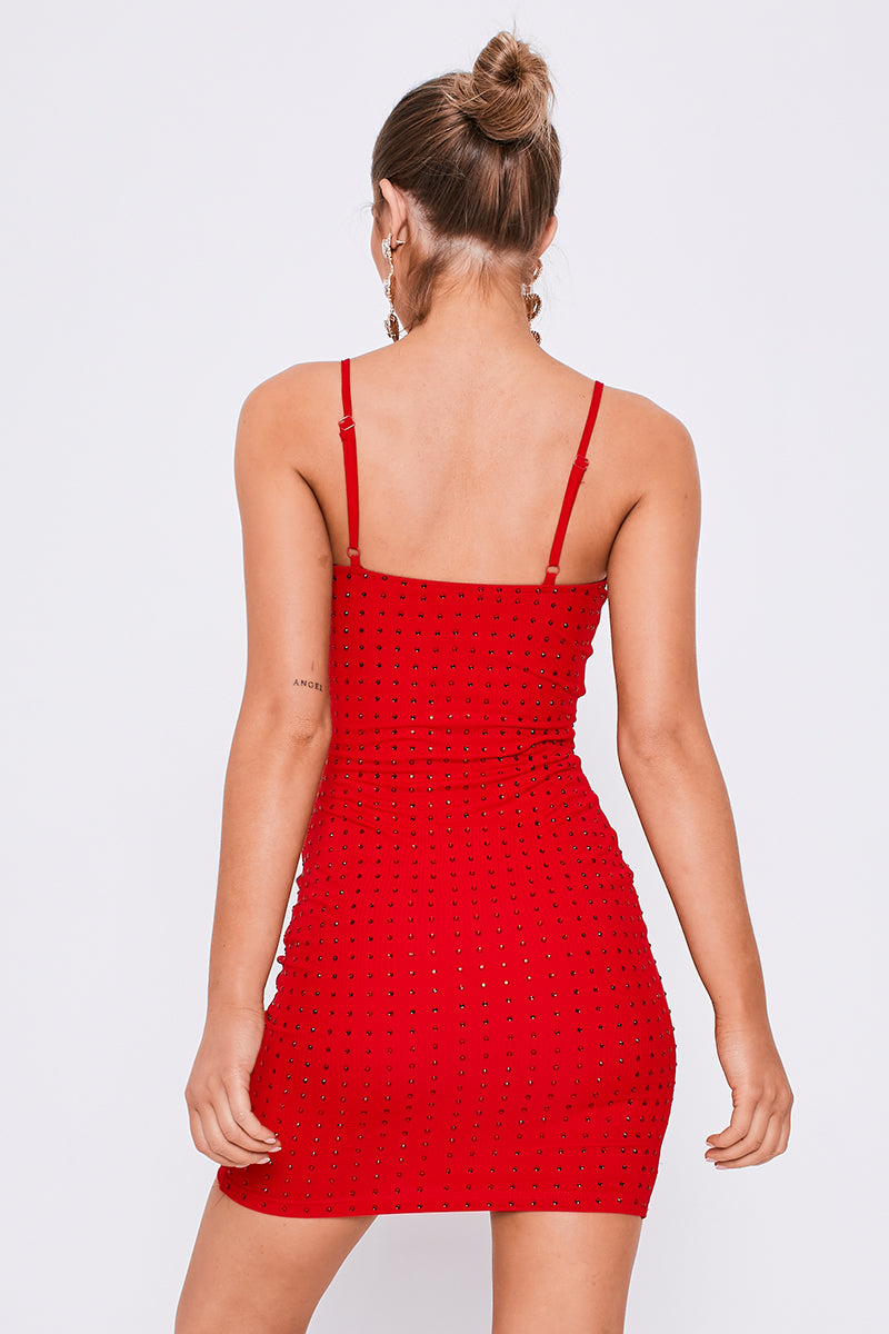 Mesh Diamante Strappy Bodycon Mini Dress Red