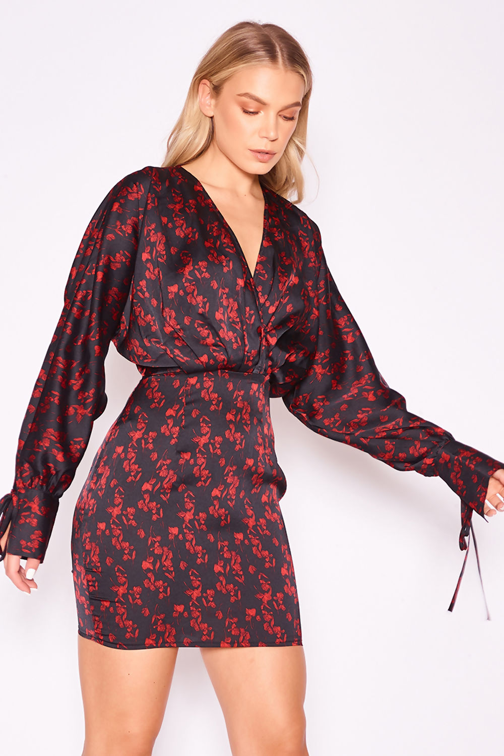 Black Floral Wrap Front Batwing Sleeve Dress