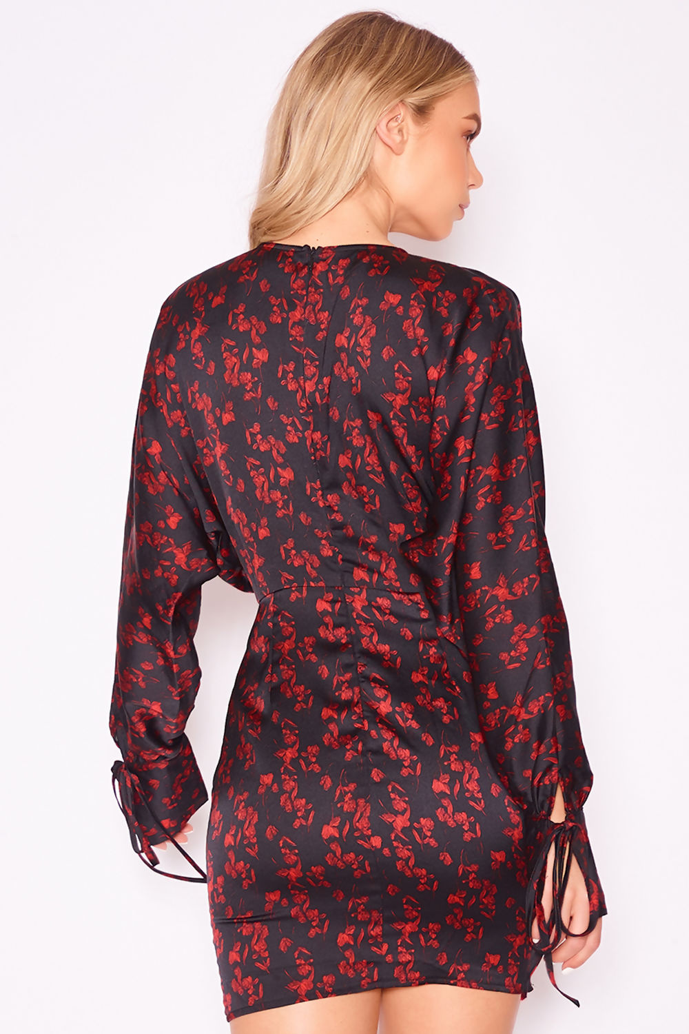 Black Floral Wrap Front Batwing Sleeve Dress