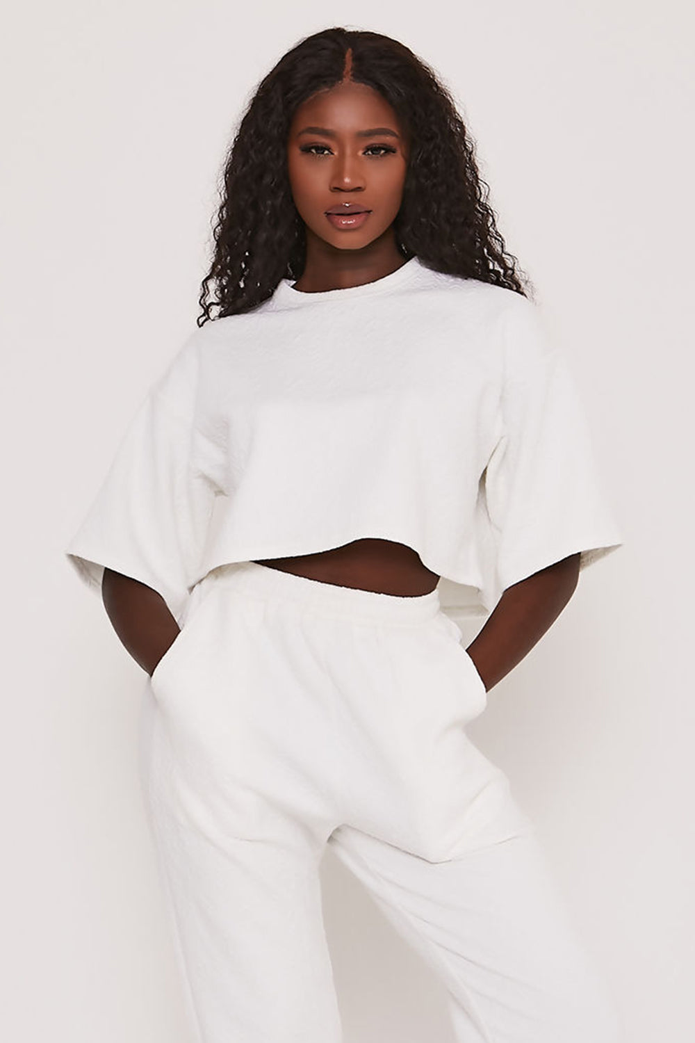 Jacquard Jersey Oversized Crop T-shirt White