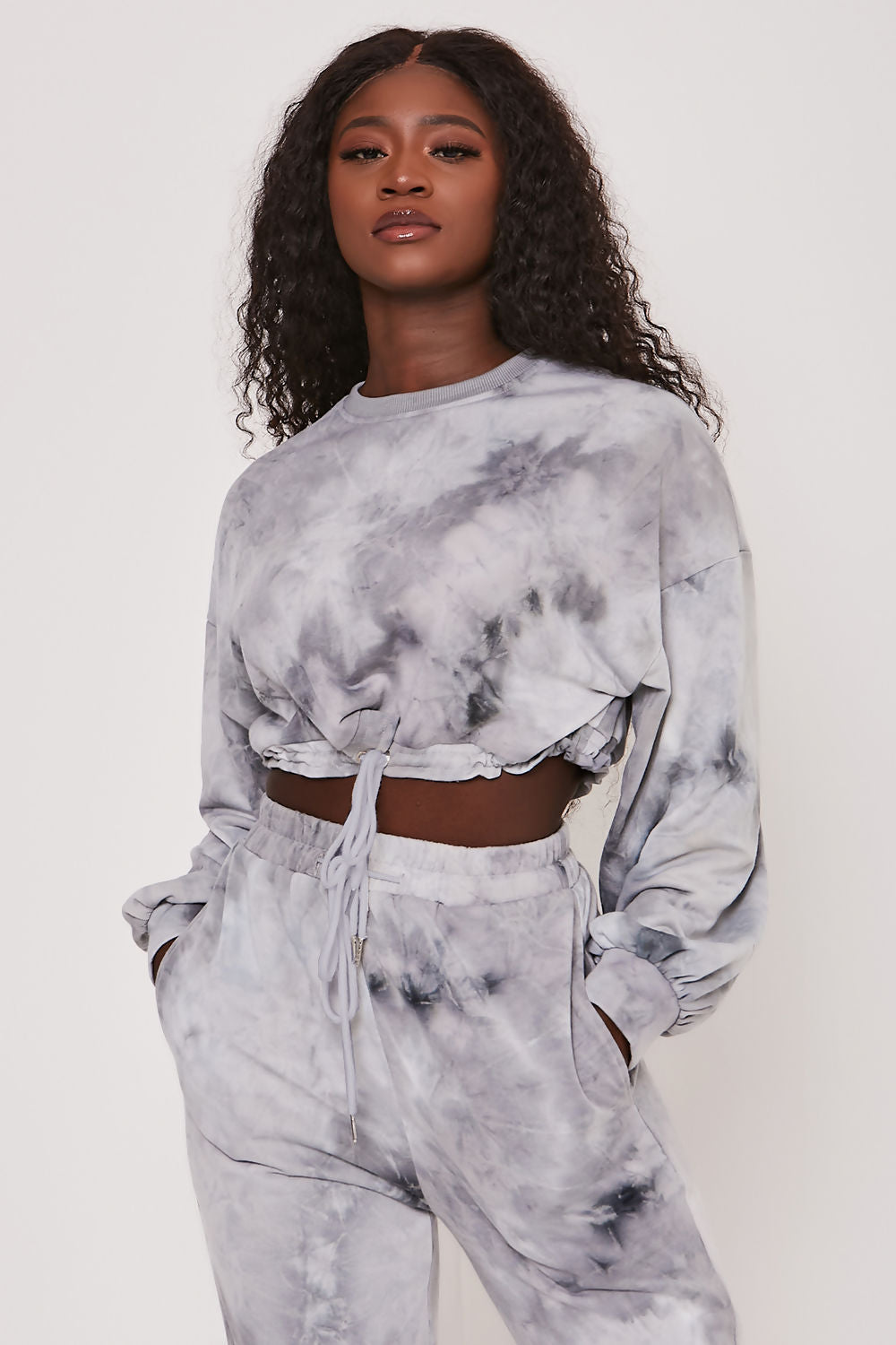 Tie Dye Oversized Drawstring Hem Jersey Top Sweatshirt Grey