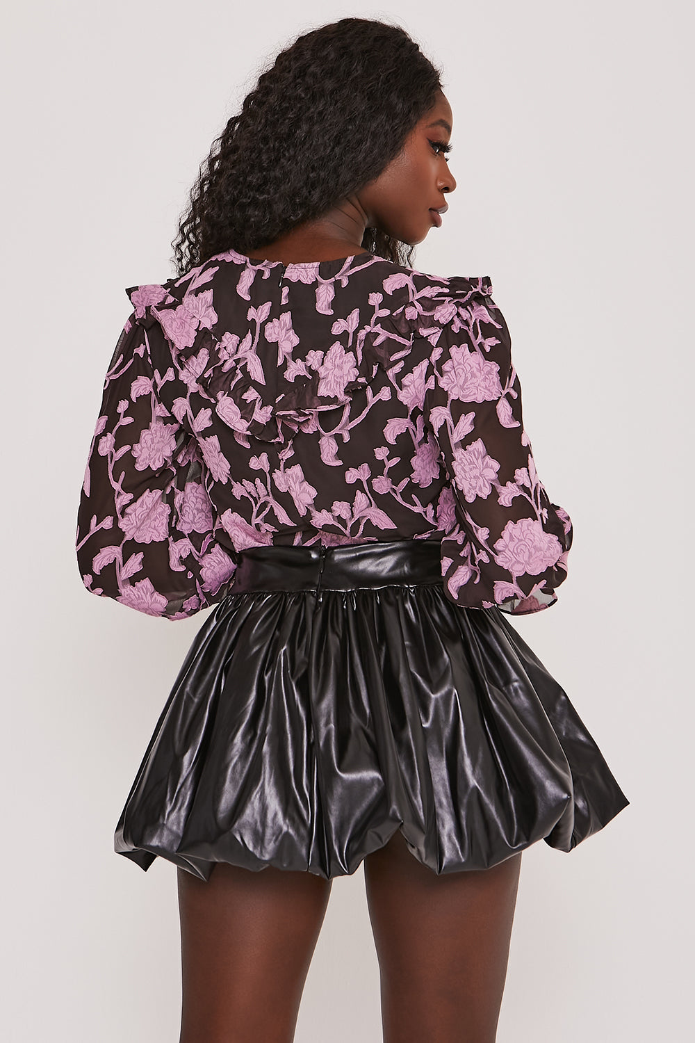 Faux Leather High Waisted Puffball Mini Skirt Black