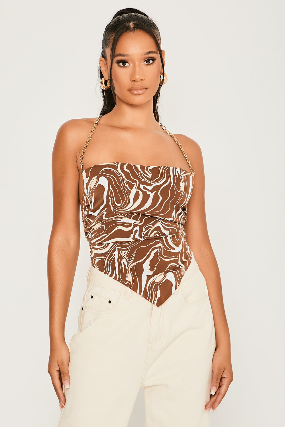 Marble Tie Back Chain Strap Cowl Top Chocolate