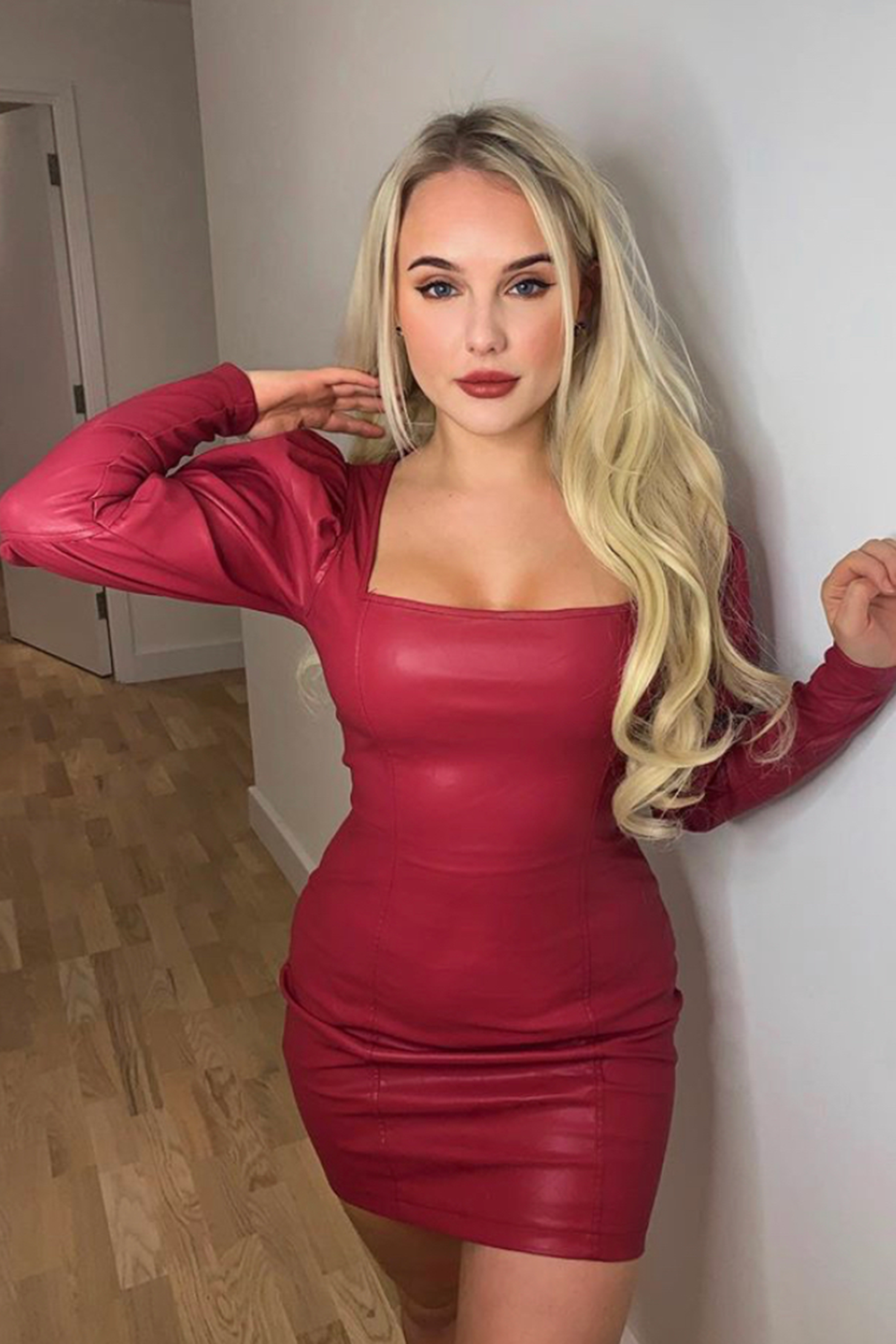 Faux Beather Square Nect Puff Sleeve Bodycon Dress Berry