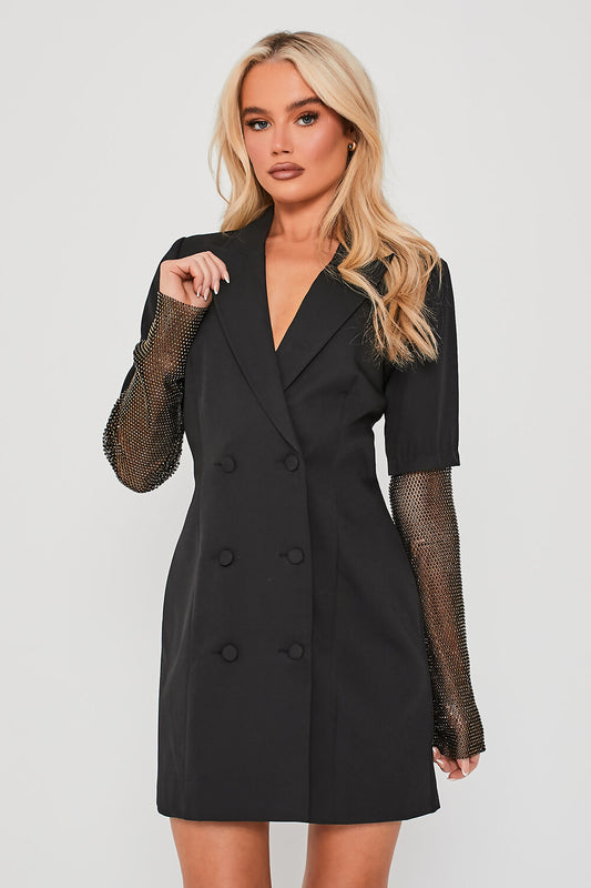 Diamante Net Sleeve Tailored Blazer Dress Black